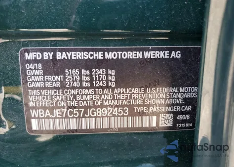 2018 BMW 540 Xi from USA, damaged, VIN WBAJE7C57JG892453